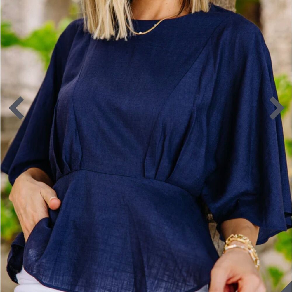 M Shop the Mint Blue Tell Me Everything Navy Blue Peplum Linen Top Womens Medium